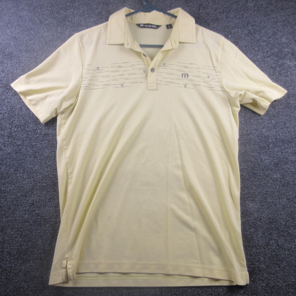 TravisMathew Polo Shirt Mens Medium Yellow Palm Tree Chest Stripe Pima Golf